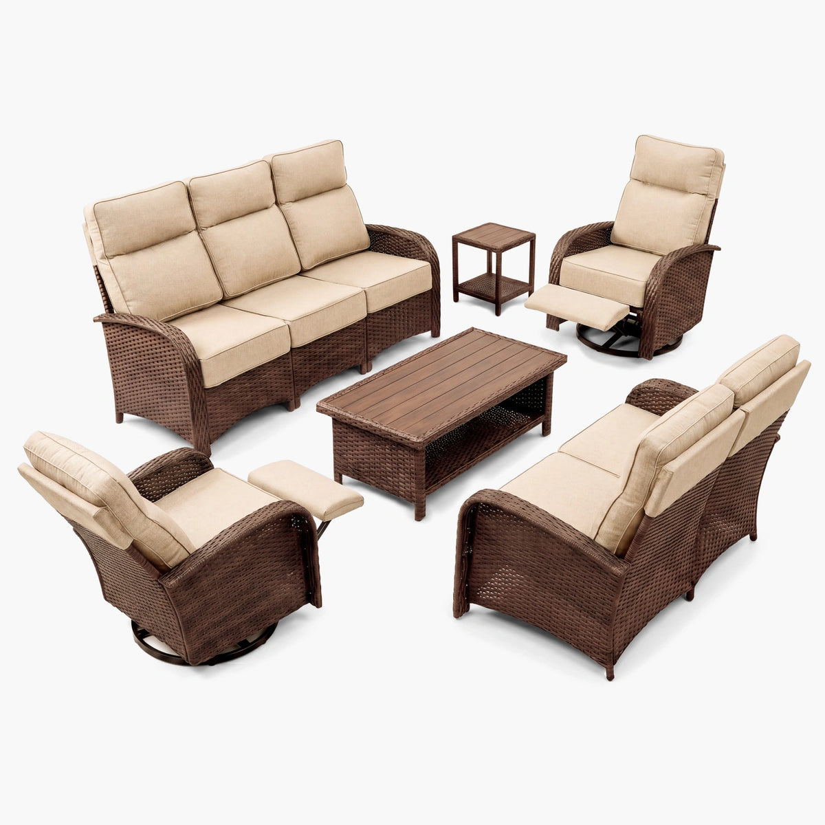 6PC Beige Resort-Grade Patio Wicker Motion Sofa Set with Swivel Glider Recliners