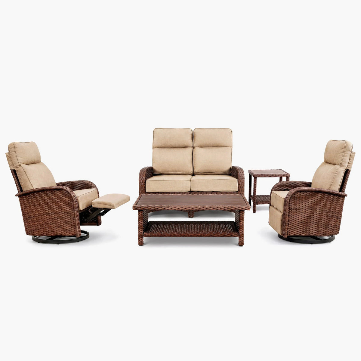 5PC Beige Resort-Grade Loveseat Patio Wicker Motion Sofa Set with Swivel Glider Recliners