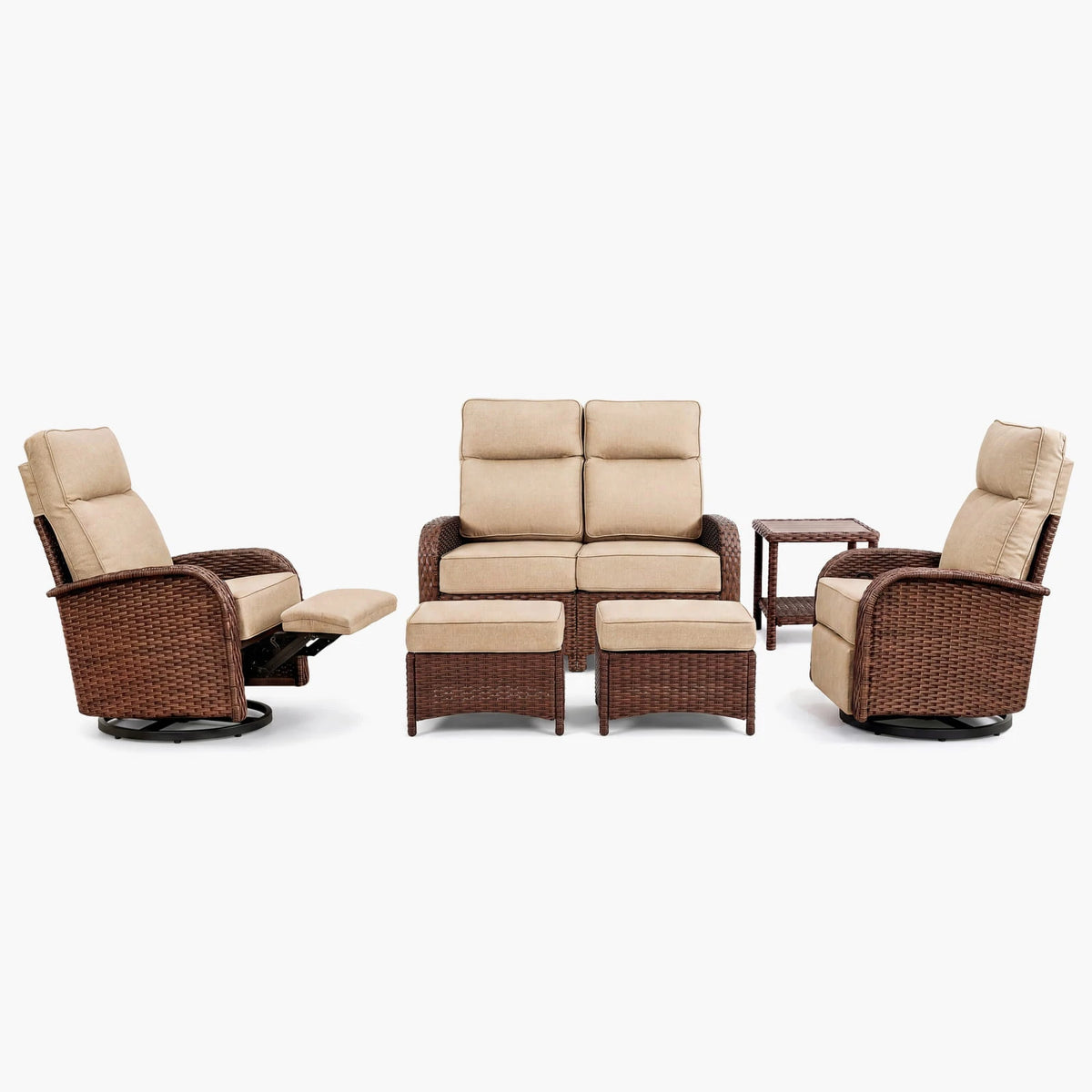 6PC Beige Resort-Grade Loveseat Patio Wicker Motion Sofa Set with Swivel Glider Recliners