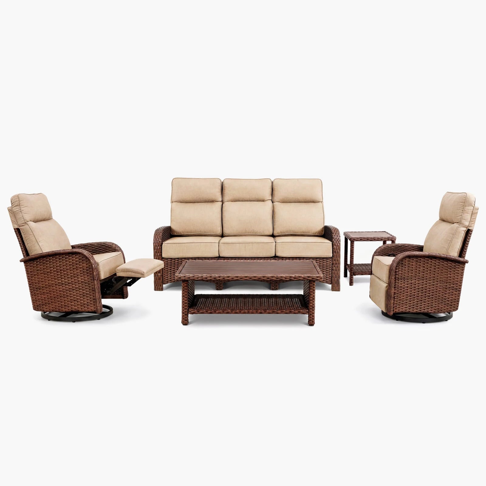 Velscape Beige 5PC Patio Wicker Swivel Glider Recliner Motion Sofa Set