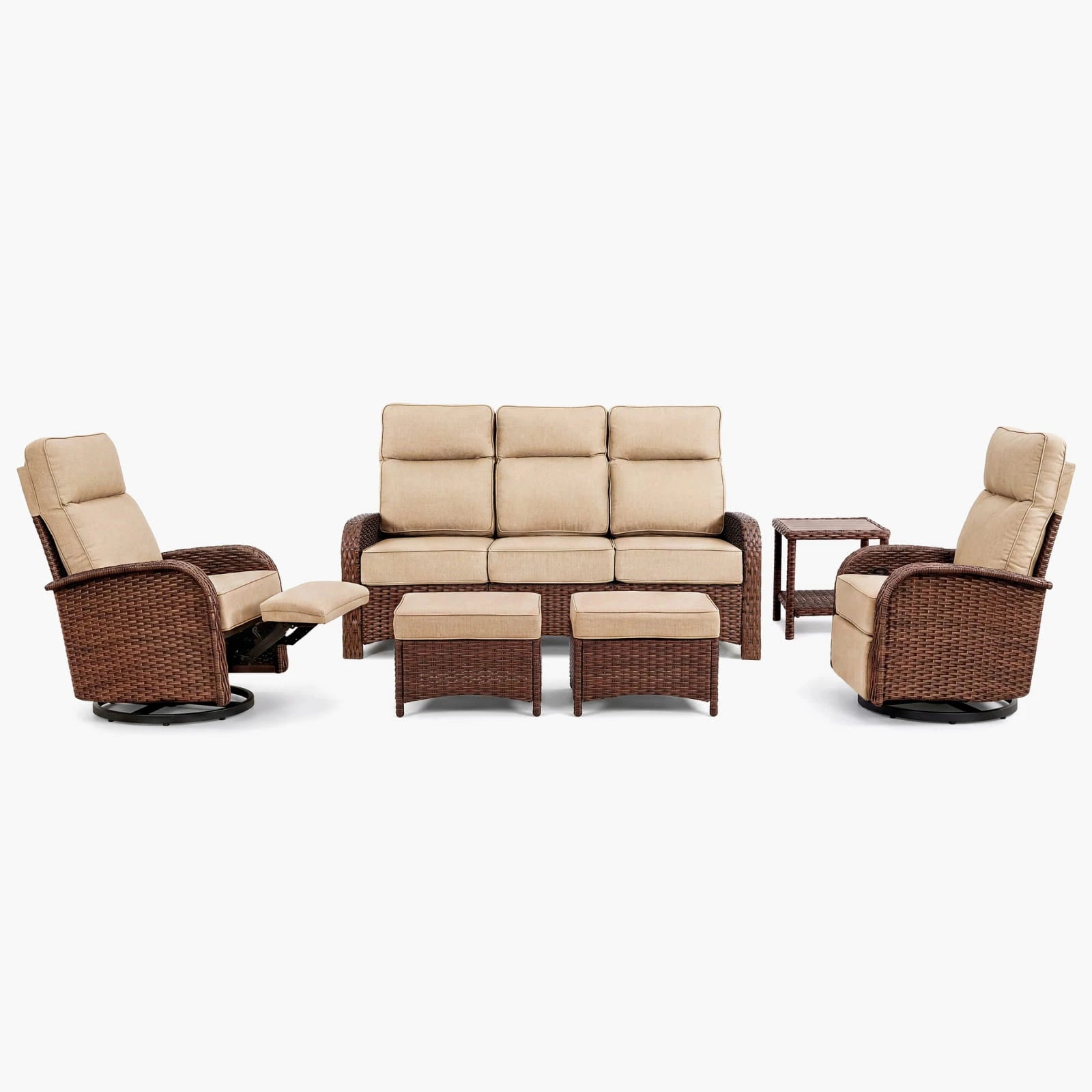 Velscape Beige 6PC Patio Wicker Swivel Glider Recliner Motion Sofa Set