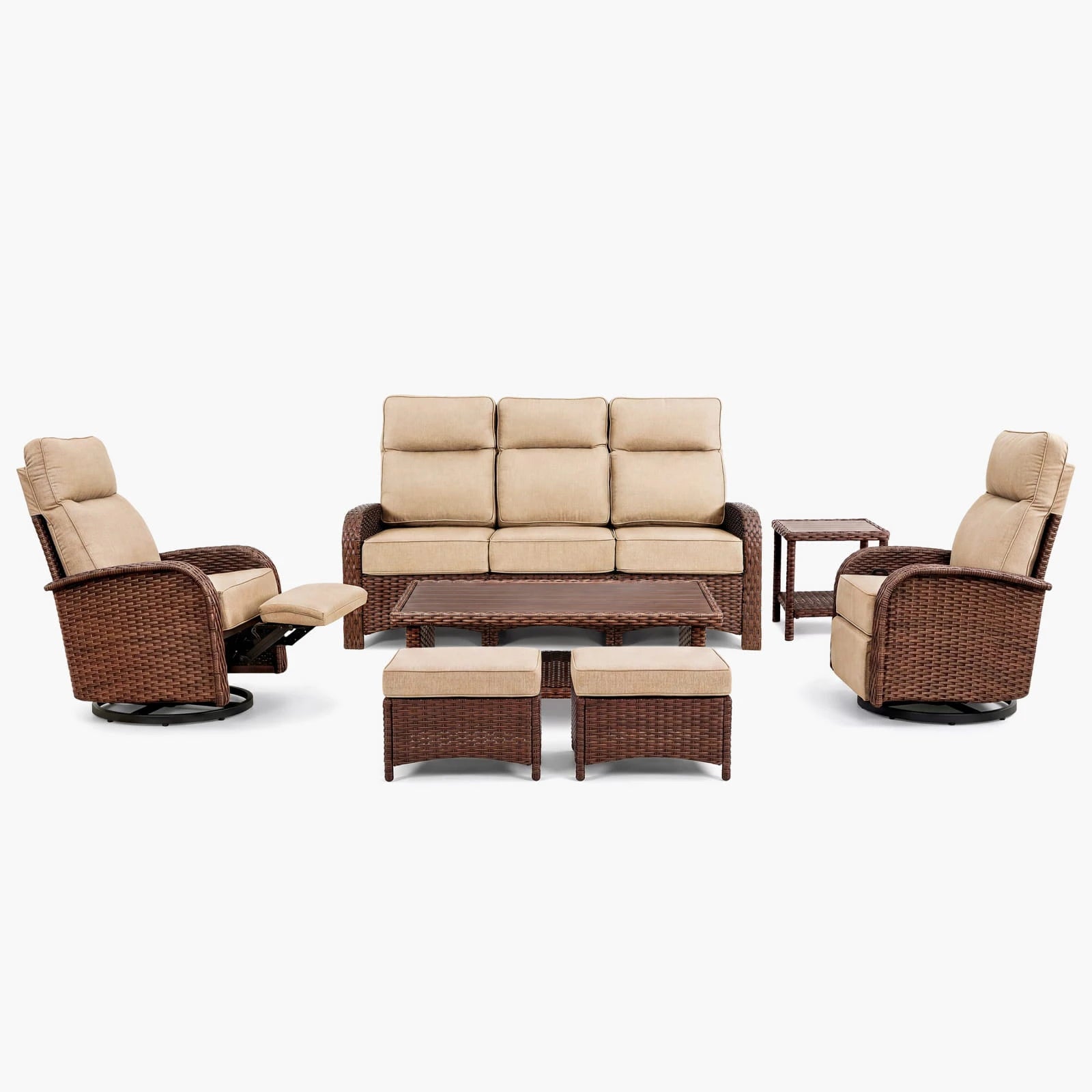 Velscape Blue 7PC Patio Wicker Swivel Glider Recliner Motion Sofa Set