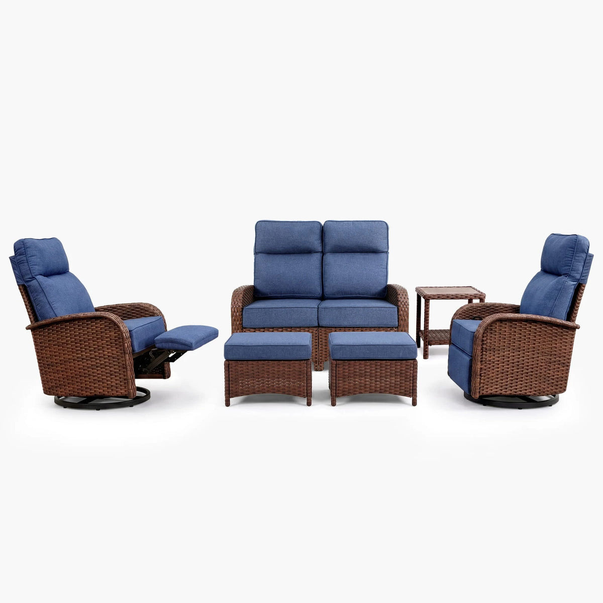 6PC Blue Resort-Grade Loveseat Patio Wicker Motion Sofa Set with Swivel Glider Recliners