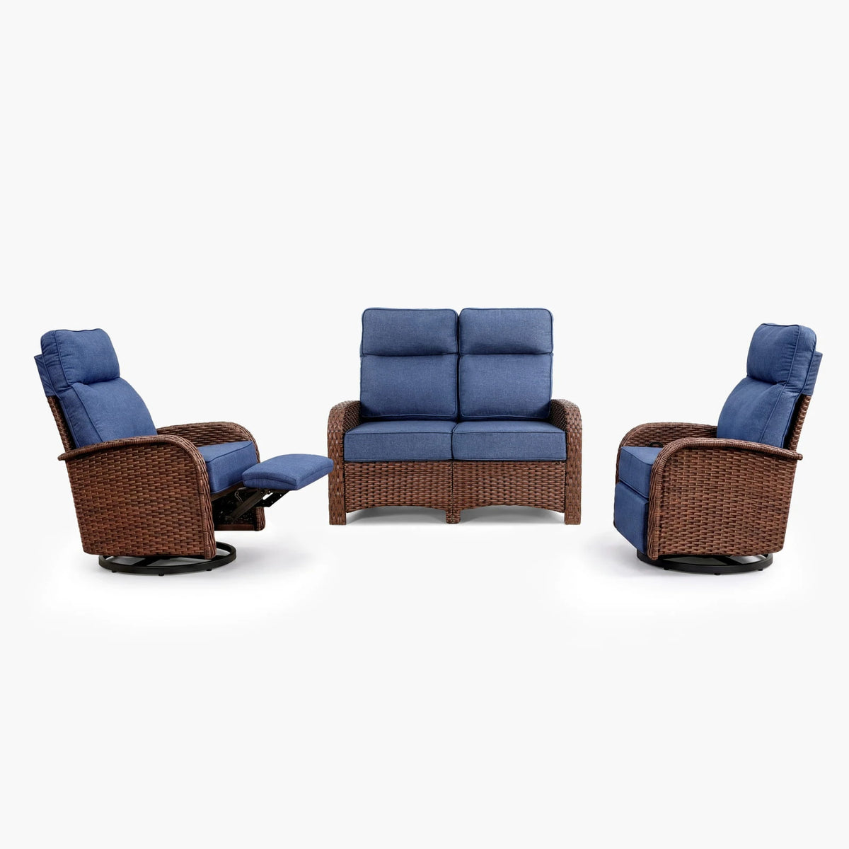 3PC Blue Resort-Grade Loveseat Patio Wicker Motion Sofa Set with Swivel Glider Recliners