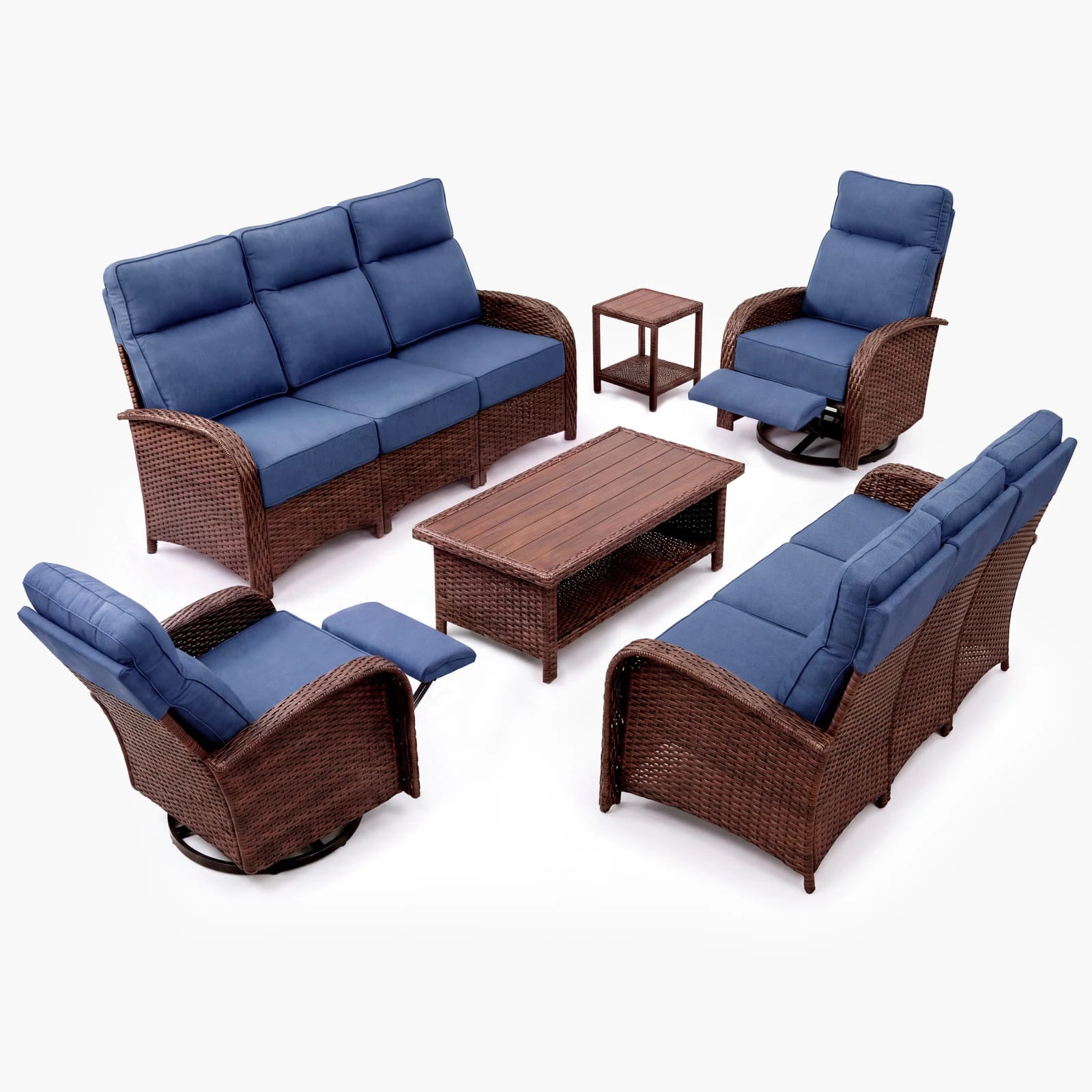 Velscape Beige 6PC Patio Wicker Swivel Glider Recliner Motion Sofa Set