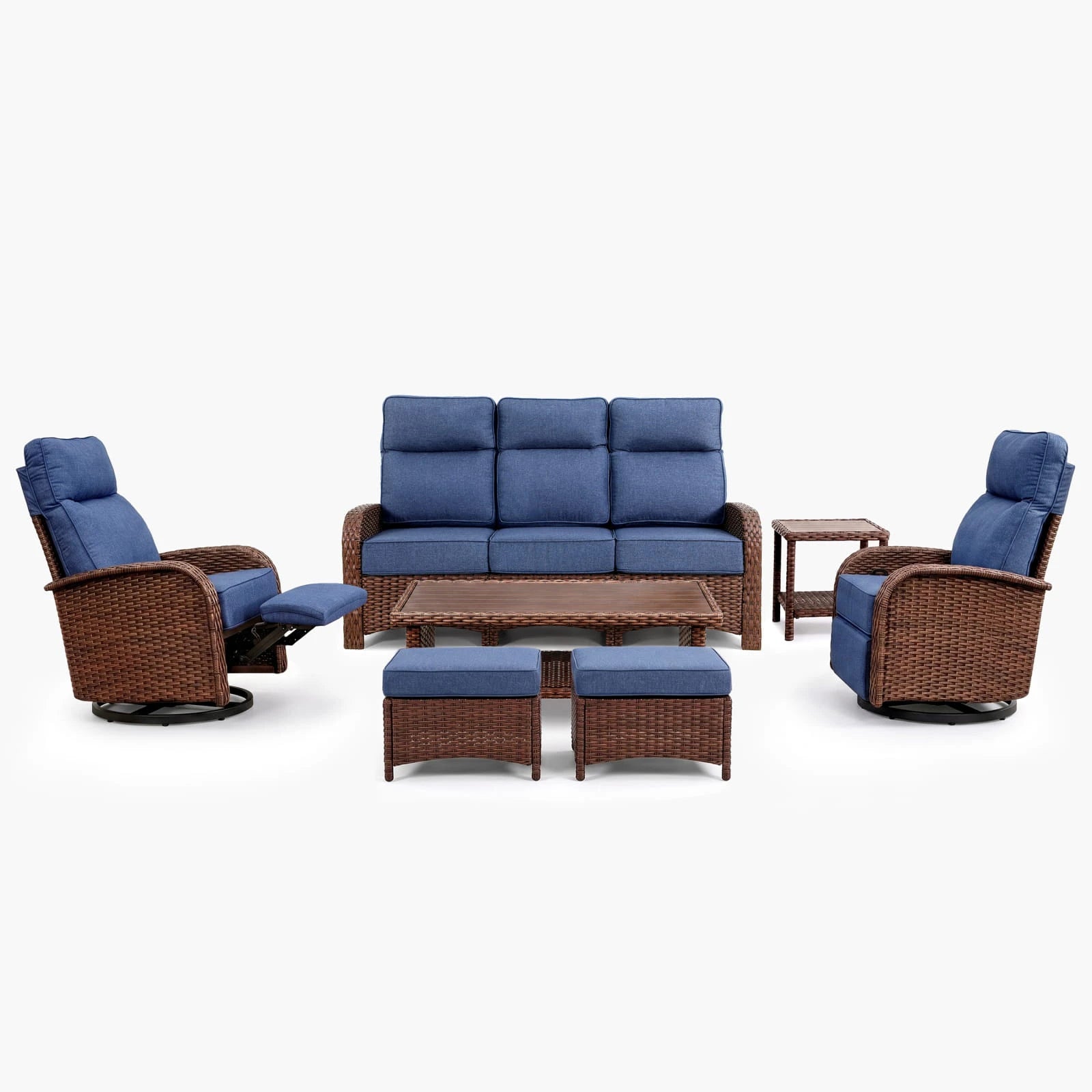 Velscape Blue 7PC Patio Wicker Swivel Glider Recliner Motion Sofa Set