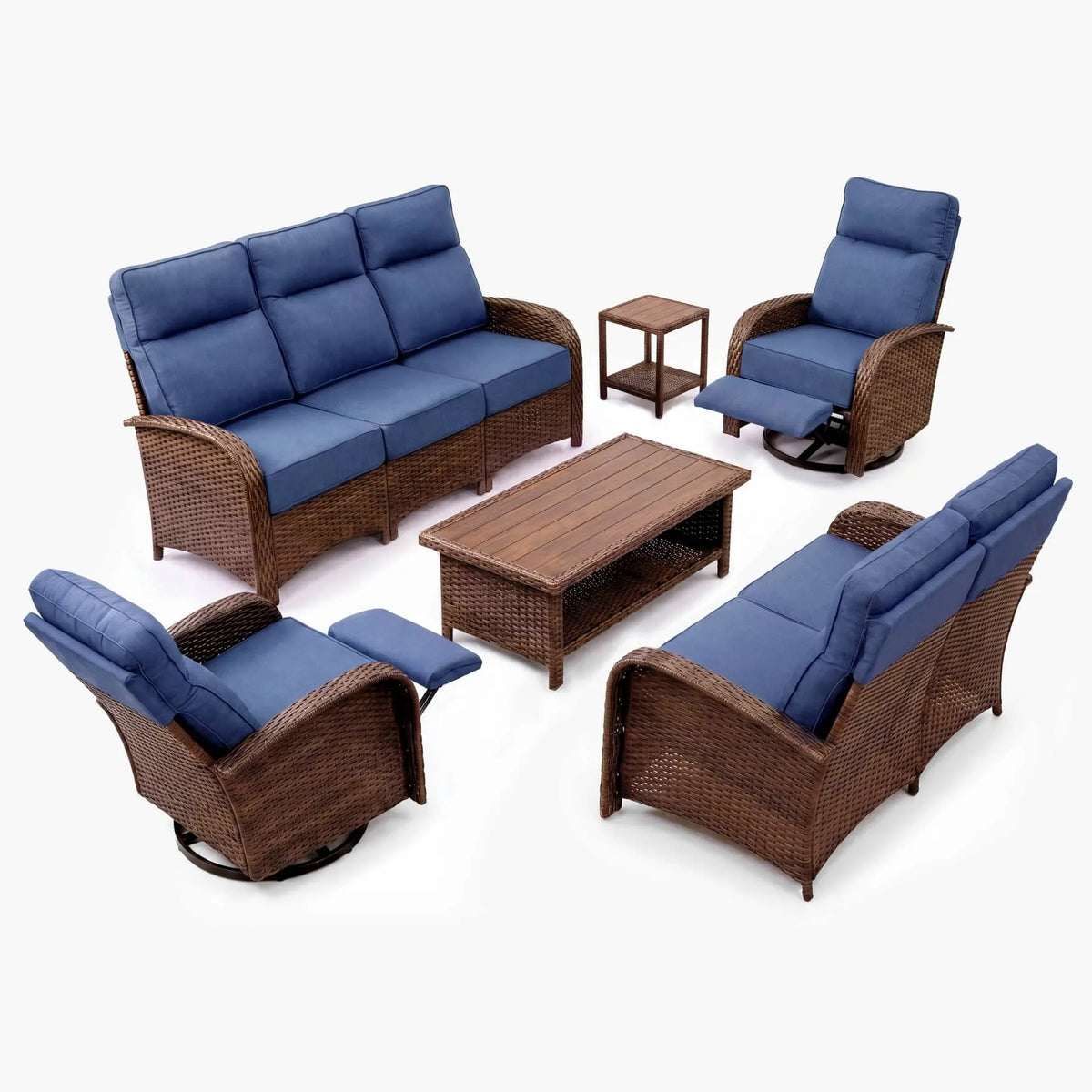 6PC Blue Resort-Grade Patio Wicker Motion Sofa Set with Swivel Glider Recliners