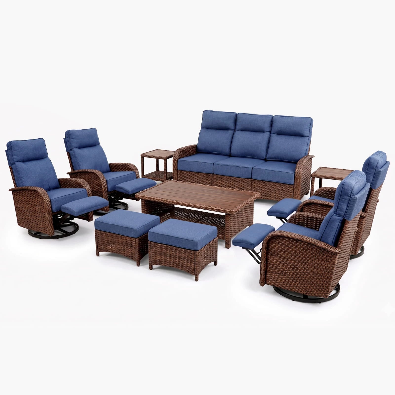 Velscape Beige 10PC Patio Wicker Swivel Glider Recliner Motion Sofa Set