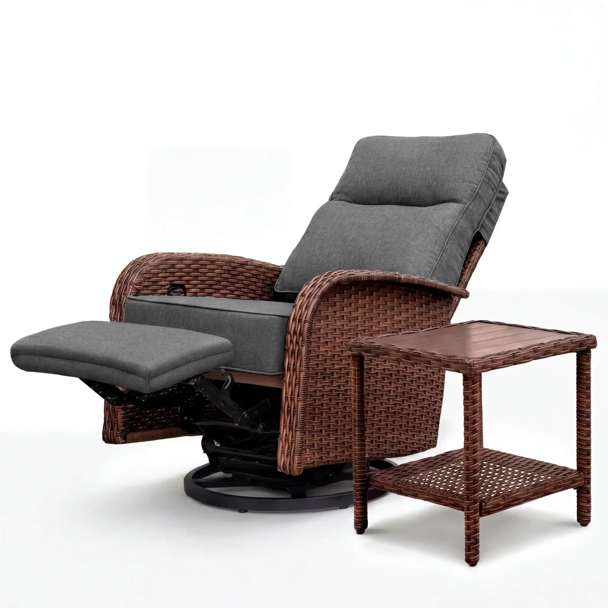 2PC Dark Grey Resort-Grade 3-in-1 Patio Wicker Swivel Glider Recliner Set with Side Table