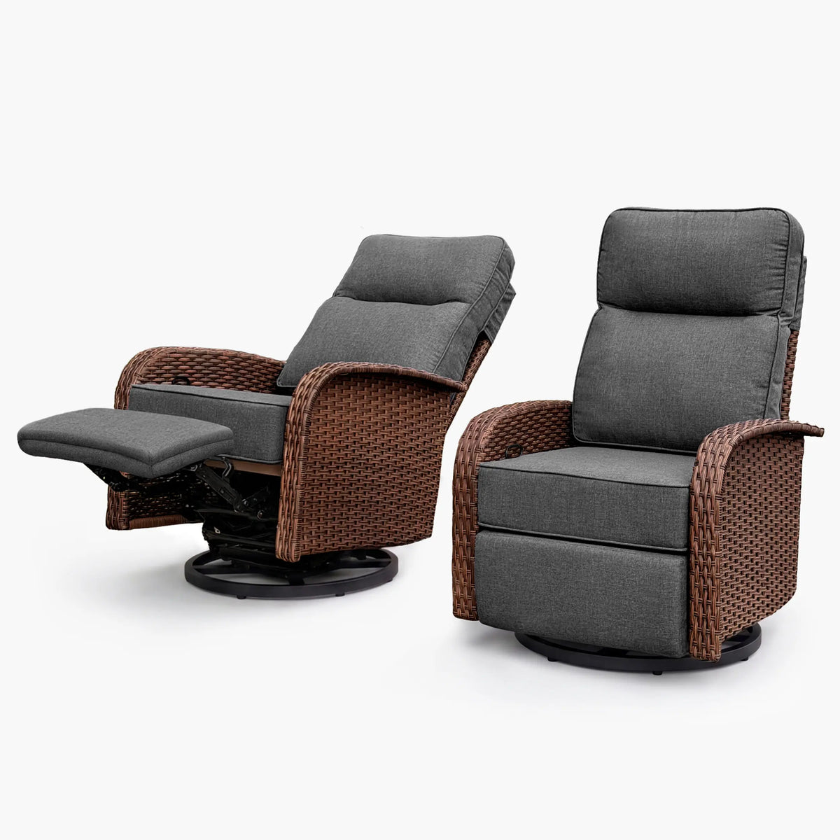 2PC Dark Grey Resort-Grade 3-in-1 Patio Wicker Swivel Glider Recliner