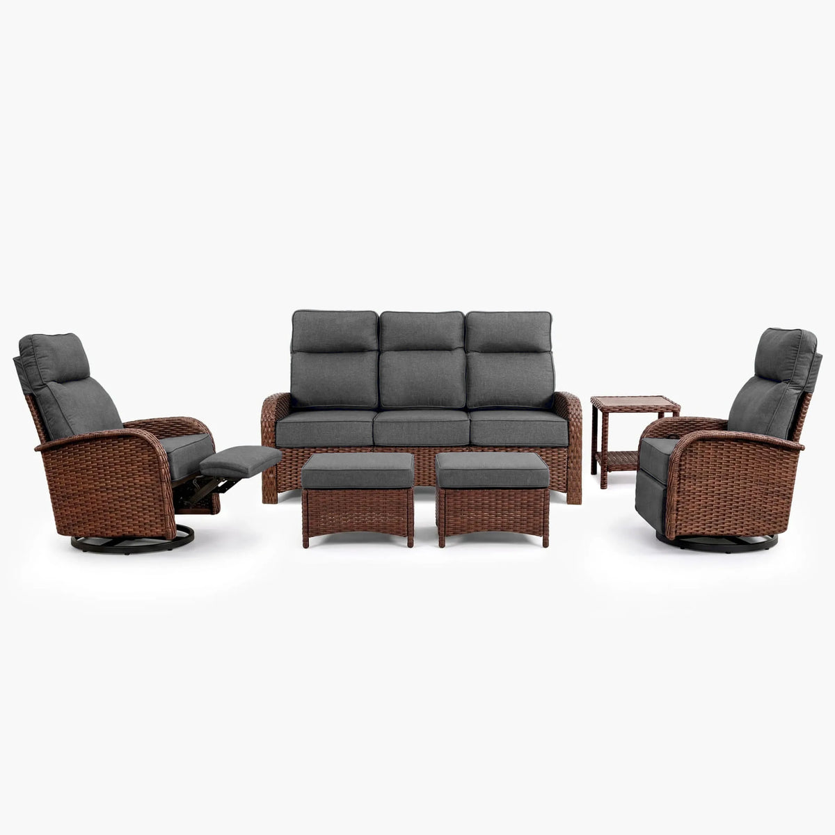 6PC Dark Grey Resort-Grade Patio Wicker Motion Sofa Set with Swivel Glider Recliners