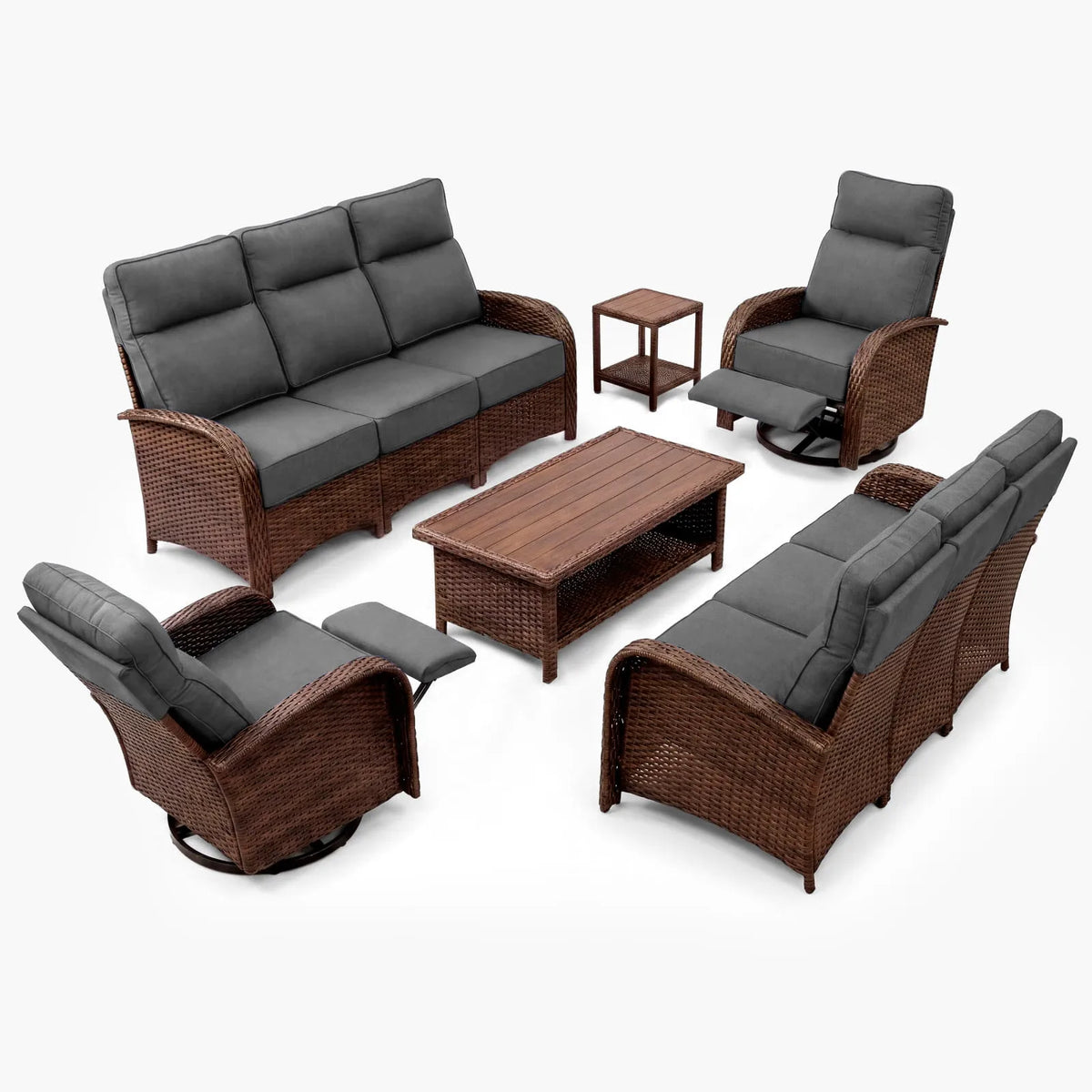 6PC Dark Grey Resort-Grade Patio Wicker Motion Sofa Set with Swivel Glider Recliners