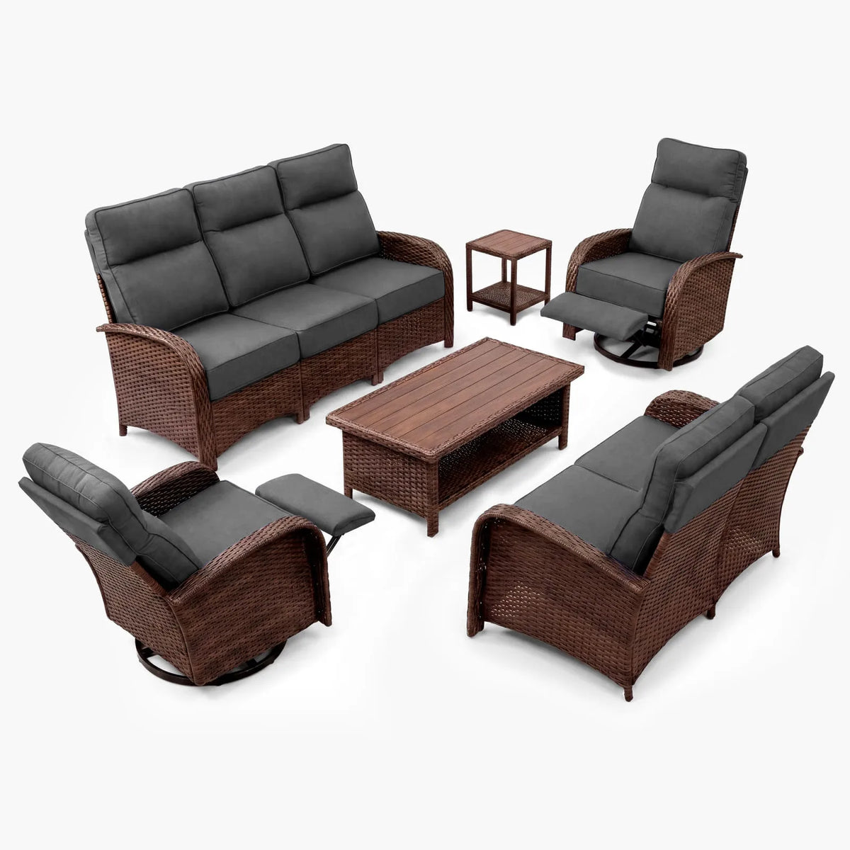6PC Dark Grey Resort-Grade Patio Wicker Motion Sofa Set with Swivel Glider Recliners