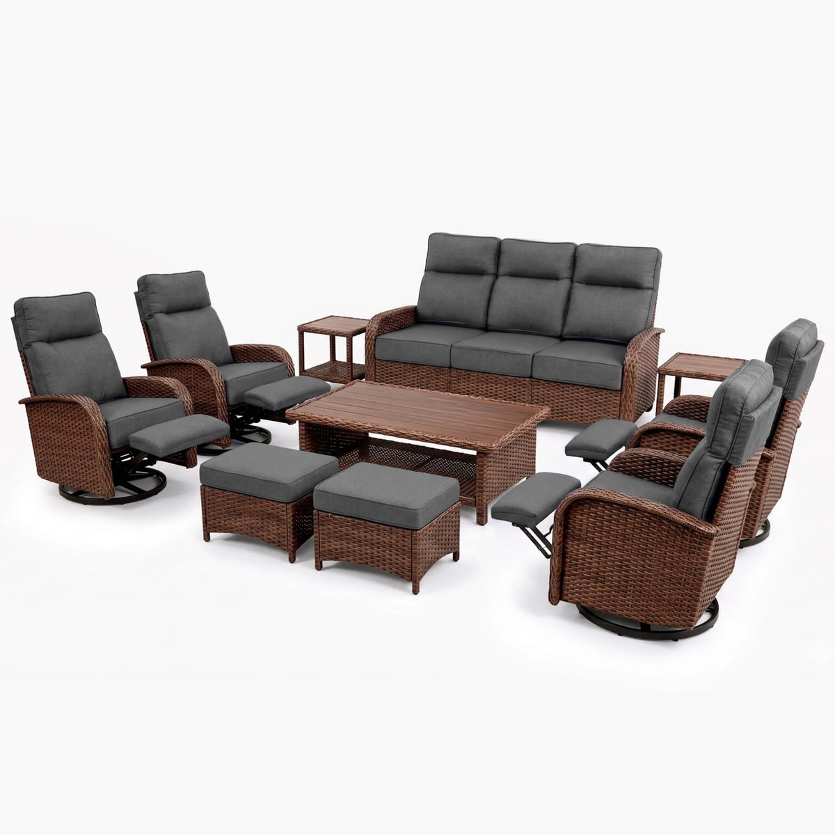 10PC Dark Grey Resort-Grade Patio Wicker Motion Sofa Set with Swivel Glider Recliners