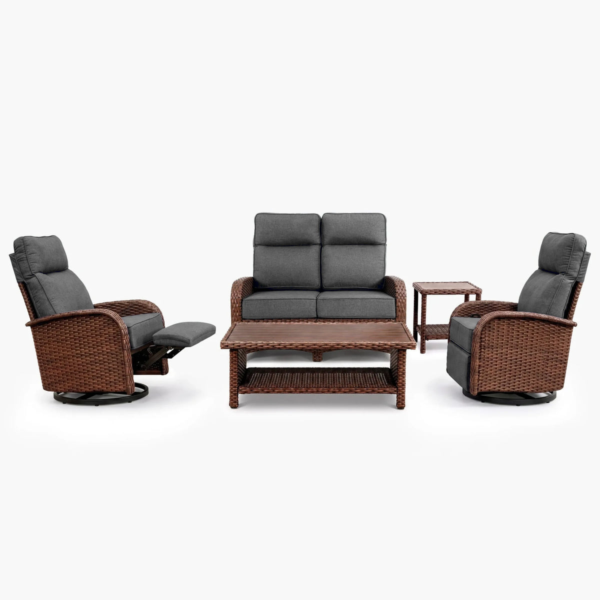 5PC Dark Grey Resort-Grade Loveseat Patio Wicker Motion Sofa Set with Swivel Glider Recliners