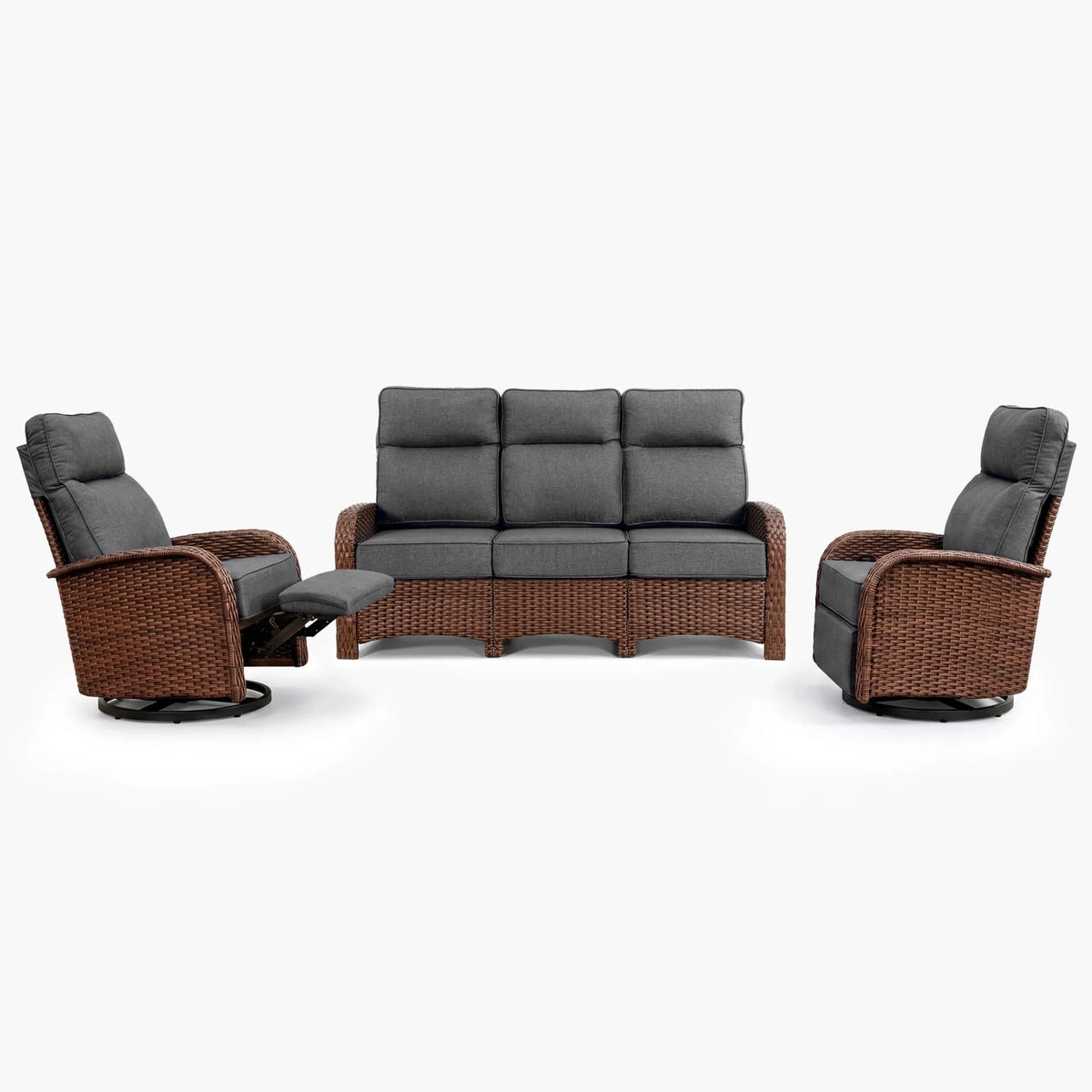 3PC Dark Grey Resort-Grade Patio Wicker Motion Sofa Set with Swivel Glider Recliners