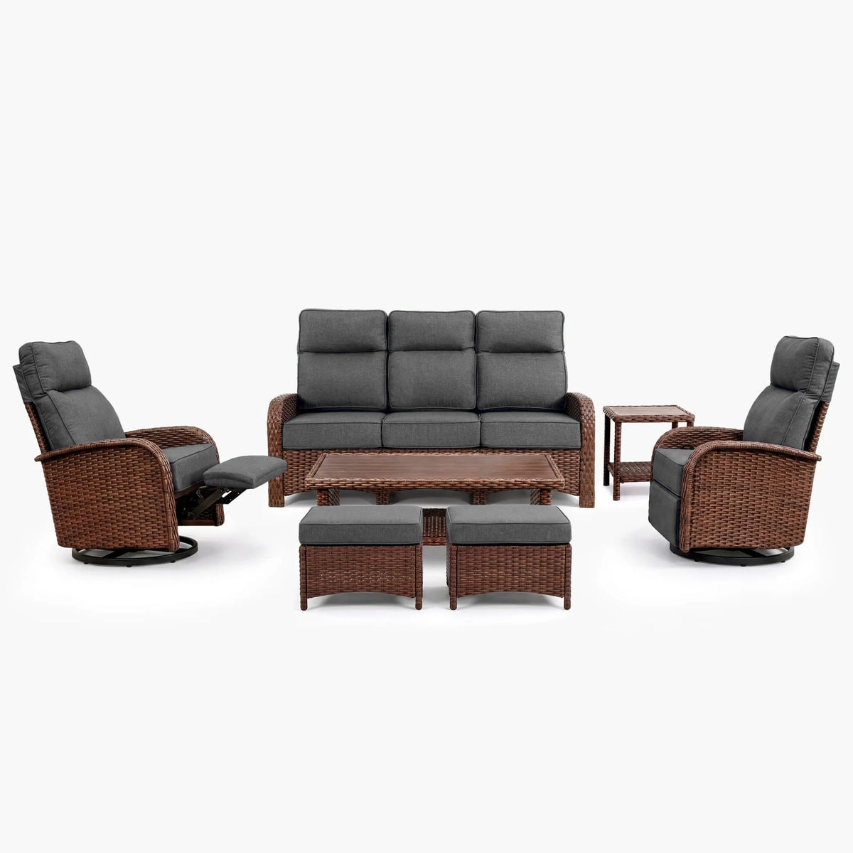 7PC Dark Grey Resort-Grade Patio Wicker Motion Sofa Set with Swivel Glider Recliners