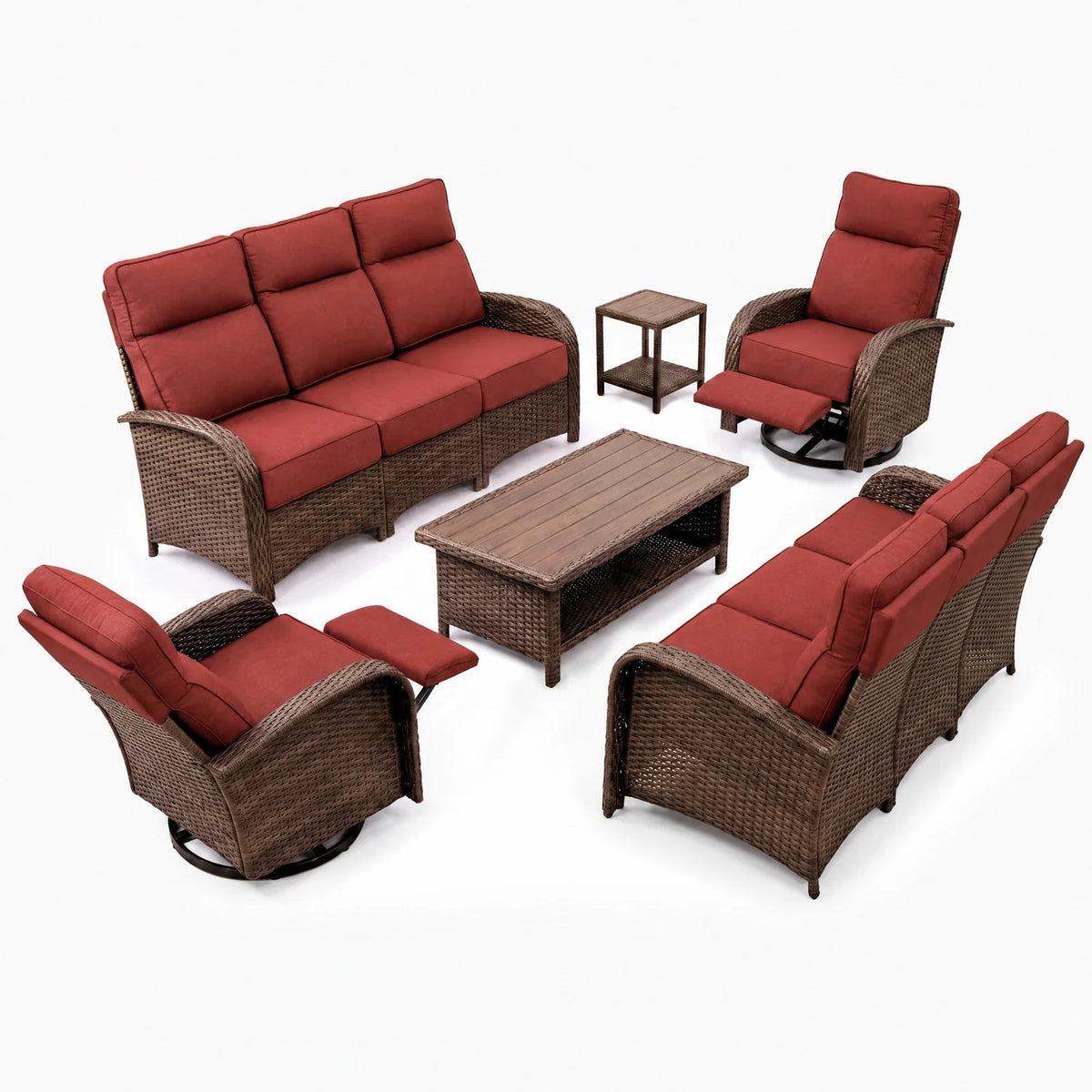 Red patio set with two three-seat sofas, two reclining chairs, coffee table, and side table