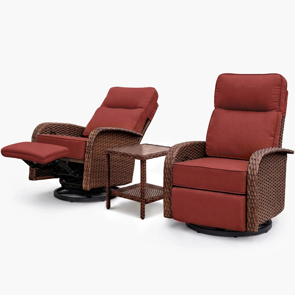 Two red reclining swivel patio chairs with side table