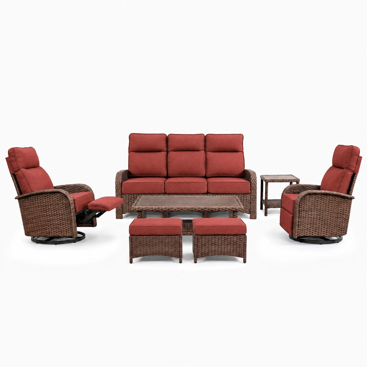 Red 7-piece patio furniture set with three-seat sofa, two reclining chairs, coffee table, two ottomans, and side table