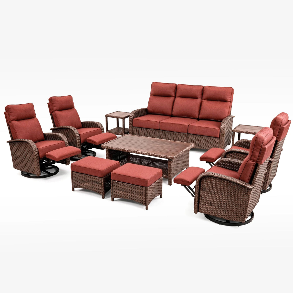 Red 10-piece patio furniture set with three-seat sofa, four reclining chairs, two ottomans, coffee table, and two side tables