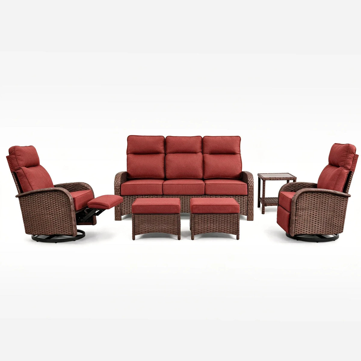 Red patio set with three-seat sofa, two reclining chairs, two ottomans, and side table