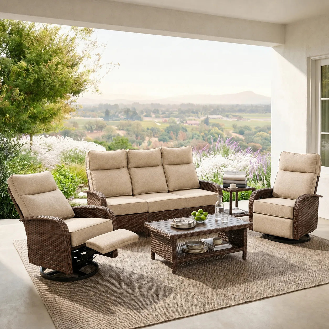 Velscape Beige 5PC Patio Wicker Swivel Glider Recliner Motion Sofa Set
