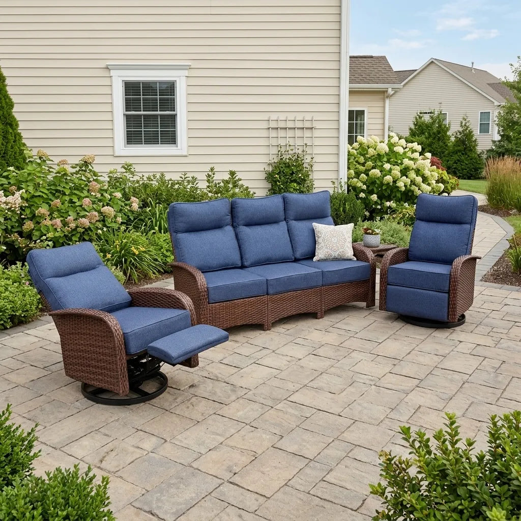 Velscape Blue 3PC Patio Wicker Swivel Glider Recliner Motion Sofa Set