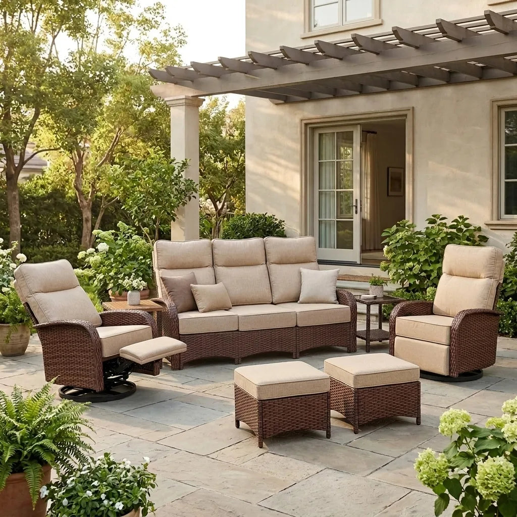 Velscape Beige 6PC Patio Wicker Swivel Glider Recliner Motion Sofa Set
